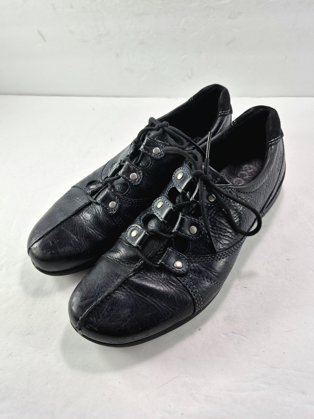 ECCO Black Leather Comfort Walking Oxford Shoes Studded Speed Loops Size 6.5 37